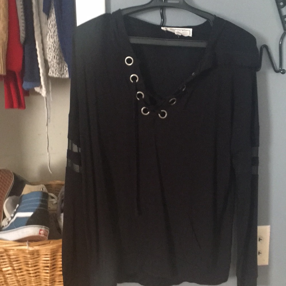 Black hooded tie up sweater, never worn!